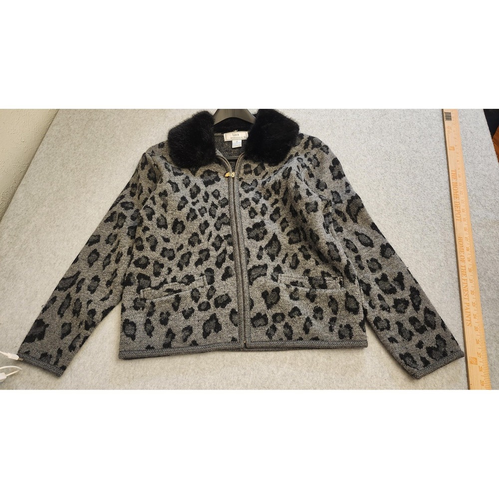 Animal print Jacket Wmn Medium Gray Leopard Boiled Wool Lisa international